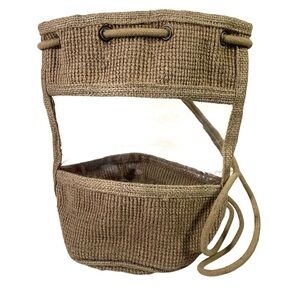 Vintage Mary Kay Jute Knapsack Burlap Look Clear Windows Woven Tan Bucket Bag